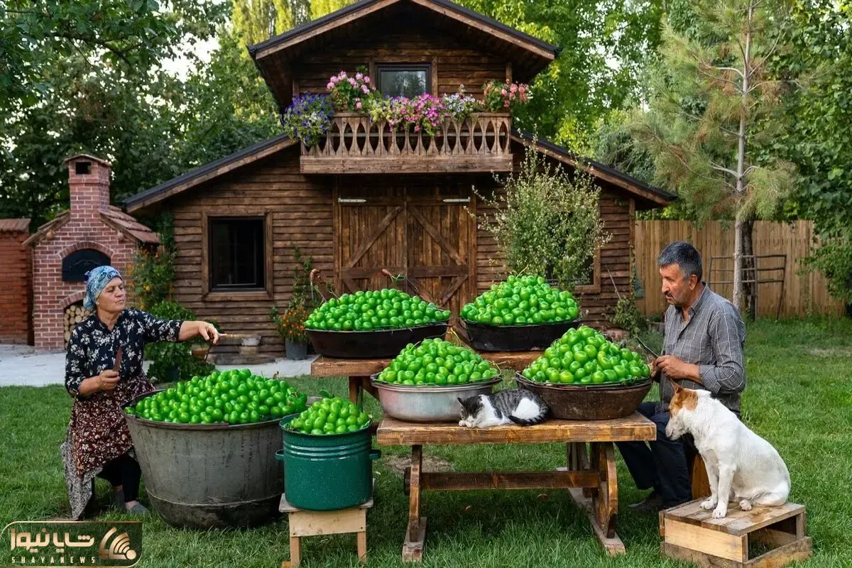 غذای خوش پخت دهاتی؛ خانوم باسلیقه با گوجه سبزای باغش رب آلو پخته ببینی دهنت آب میفته