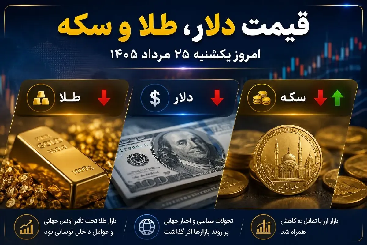 قیمت دلار، طلا و سکه امروز یکشنبه 25 مرداد 1405 / دلار آزاد چقدر شد؟