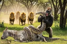 شاهکار حیات وحش / نبرد زور و آرواره میان مار دد و گوریل برای نجات خر راه راه