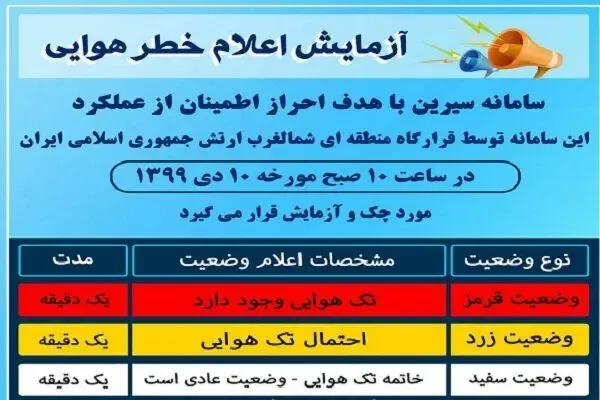 مانور اعلام خطر هوایی روز چهارشنبه در ارومیه آزمایشی است