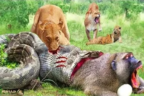 صحنه دهشتناک؛ پیتون غول پیکر موقع بلع گوریل کریه توسط شیر قطعه قطعه شد