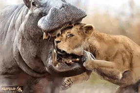 از جذابیت های حیات وحش؛ کله شیر تو دهن اسب آبی گردنکش بدجور له و لورده شد