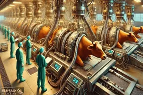 فرآوری گاو؛ گاو نسکافه ای و با دستگاه چاق و به صلابه میکشن پوستشو تخلیه میکنن واسه کت