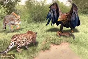 از جذابیت های حیات وحش؛ ببینید این عقاب و شیر چجور می خوان توله پلنگ رو شکار کنن