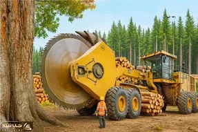 ابزارآلات غول پیکر؛ بیل مکانیکی غول برا سرعت قلع‌وقمع اره دیسکی انداخت بجون درخت