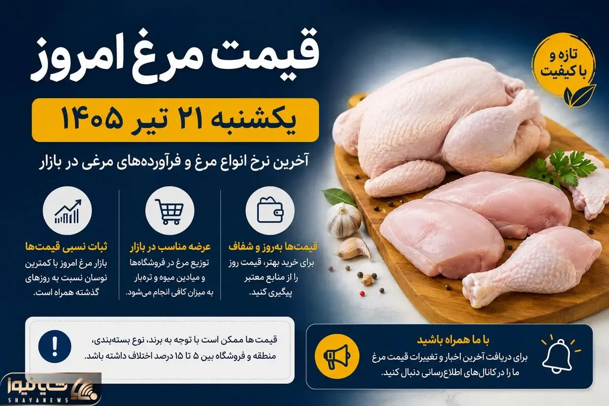 قیمت مرغ امروز یکشنبه 21 تیر 1405 | فیله و سینه مرغ چند؟ + جدول