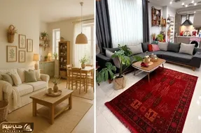 ایده شیک و کاربردی چیدمان فرش در پذیرایی ال شکل؛ اندازه مناسب فرش و بازی با رنگ و طرح
