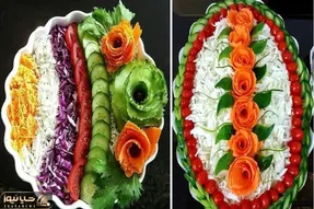 انواع و اقسام تزیین سالاد مناسب میز شام مهمانی؛ روش برش و دیزاین کاهو، خیار و گوجه