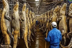 فرآوری تمساح؛ کیلو کیلو گوشت میریزن حلق تمساح پوستش در بیارن برا سود از دباغی