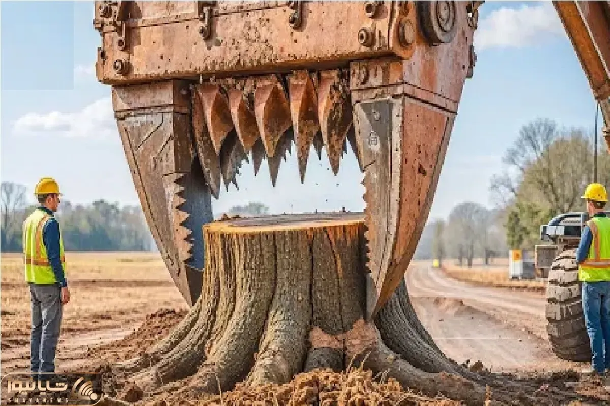 ابزارآلات غول پیکر؛ اپراتور بیل مکانیکی چنگک غول نصب کرد تنه درختو از بین و بخ بکنه