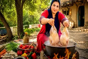 آشپزی روستایی؛ پخت مرغ زیر آتیش هیزم تو خونه گلی
