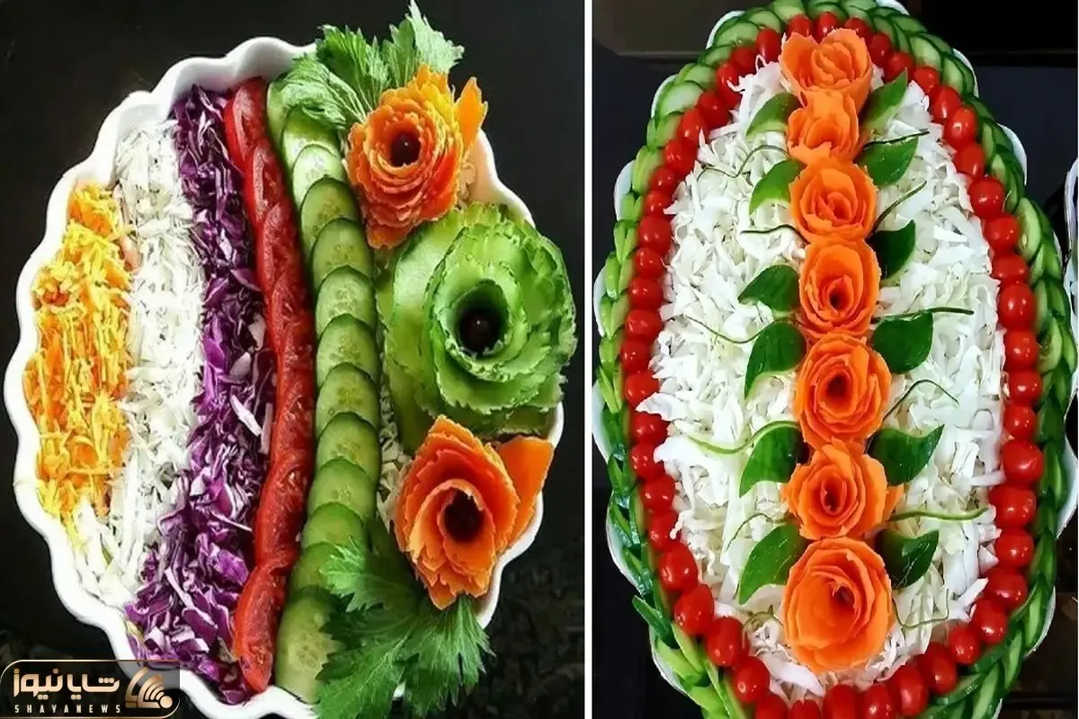 انواع و اقسام تزیین سالاد مناسب میز شام مهمانی؛ روش برش و دیزاین کاهو، خیار و گوجه