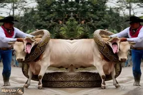 بدایع حیات وحش؛ پیتون غول دده پیچید دور گاو نر سفید گاوچرون سعی کرد نجاتش بده