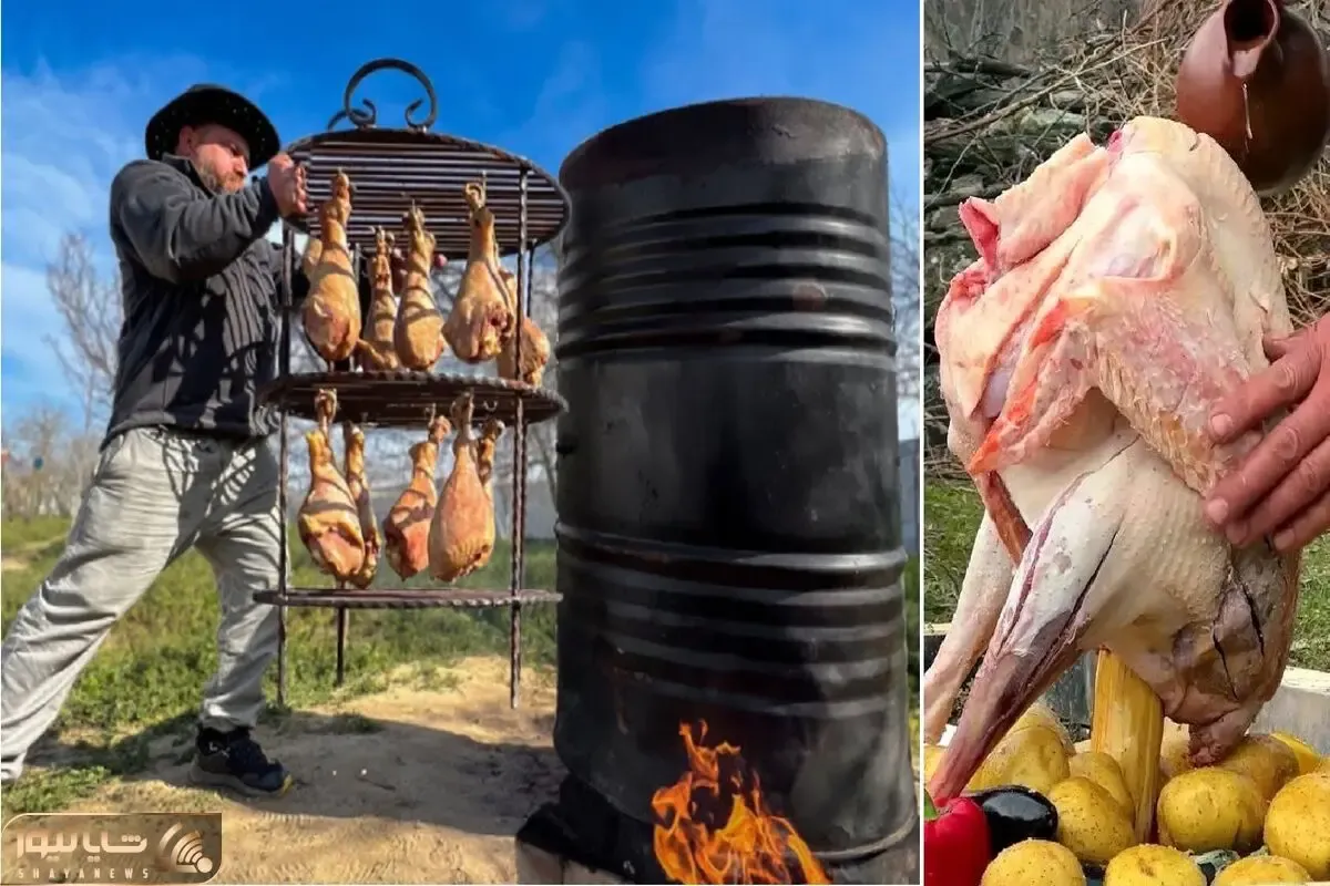 غذای بریان ؛ طبخ شگفت انگیز بوقلمون درسته البته نه تو فر و اجاق زیر بشکه!