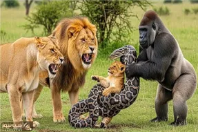 مستند حیات وحش؛ گوریل خشمگین پیتون دد را به زانو درآورد تا توله شیر نفس بکشد
