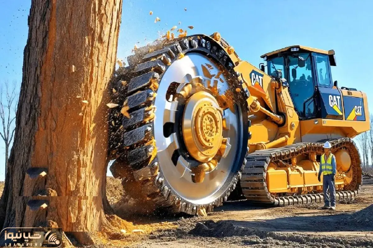 ابزارآلات غول پیکر؛ بیل مکانیکی غول برا افزایش سرعت قطع درخت اره دیسکی نصب کرد