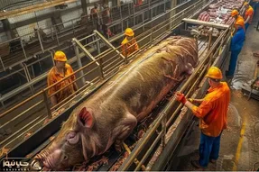 فرآوری خوک؛ 500 کیلو خوک رو انداختن رو میز تا واسه بهره برداری هر کی یک قسمت برش بزنه