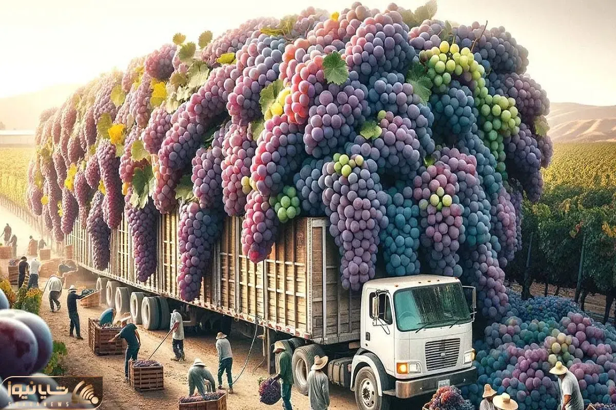 محصولات کشاورزی غول پیکر؛ انگورها رو میذارن تو دستگاه به سرعت نور میشه قد سیب
