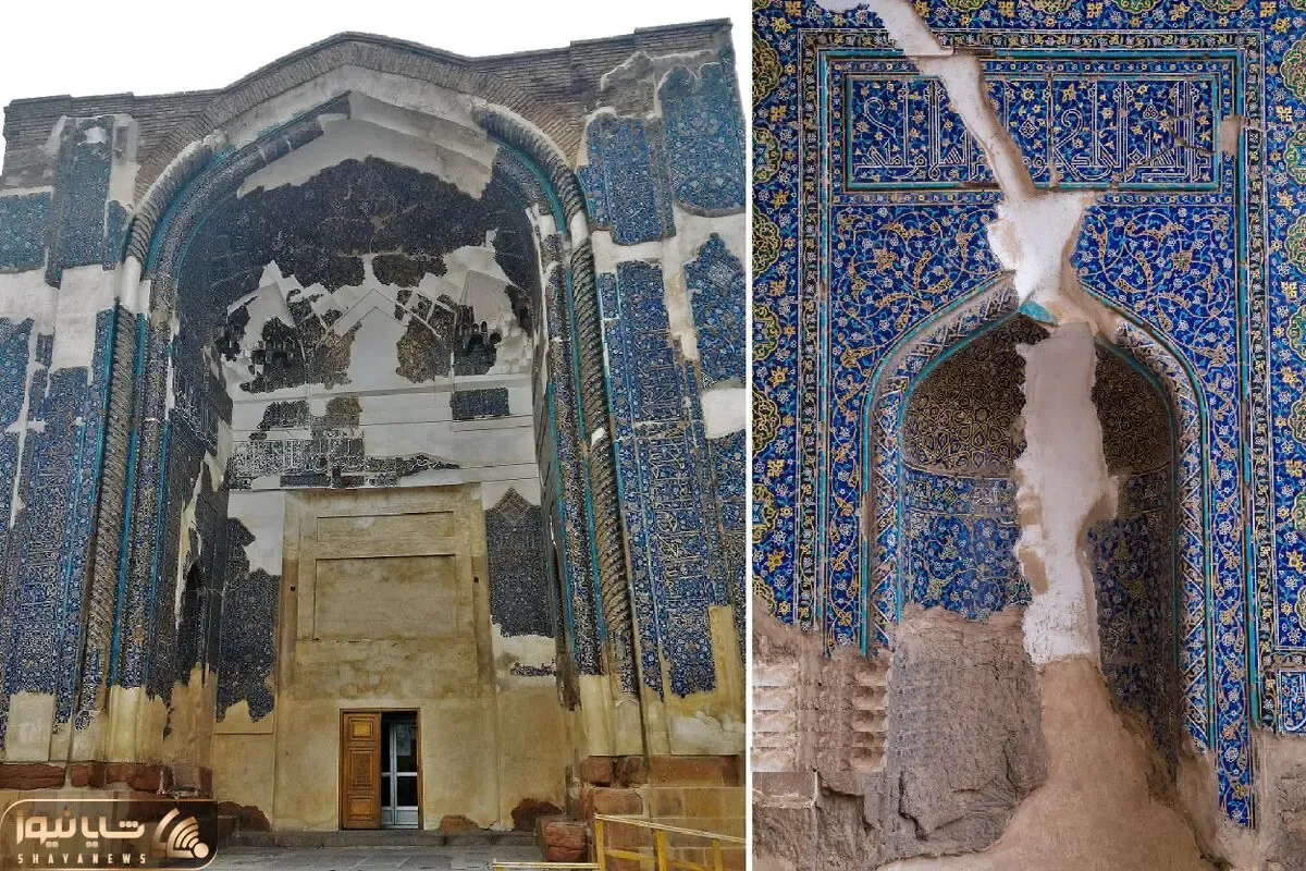 معماری تاریخی؛ مسجد کبود تبریز به رنگ فیروزه که کاشی‌هایش فروریخته اما شکوهش پابرجاست
