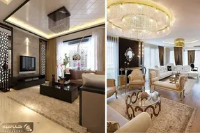 دیزاین پذیرایی با دو دست مبل و تلویزیون وسط دیوار؛ مناسب پذیرایی زیر 80 و بالای 100