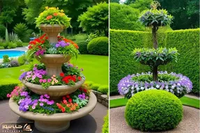 آبنماهای طبقاتی با گل و هم آوایی جریان آب و شکوفه ها؛ طبیعت و طراحی مدرن پیوند خوردن