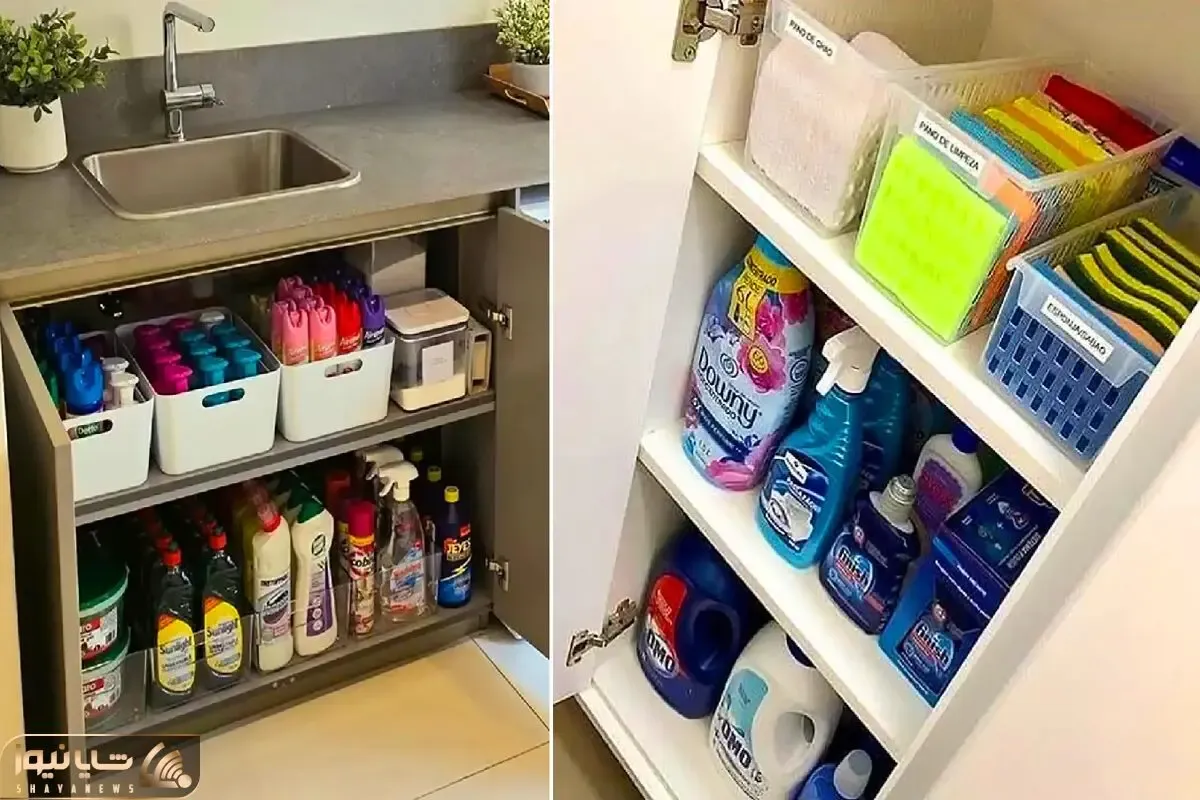 کاربردی کردن فضای کابینت زیر ظرفشویی؛ چیدمان منظم لوازم ریز و درشت با ترفند مرتب سازی
