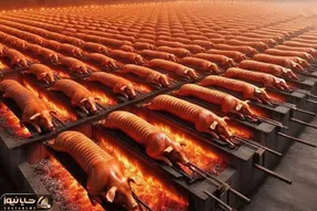 غذاهای غول پیکر؛ از باسن شکم خوکو پر کرد از دهن به سیخش کشید کبابش کرد