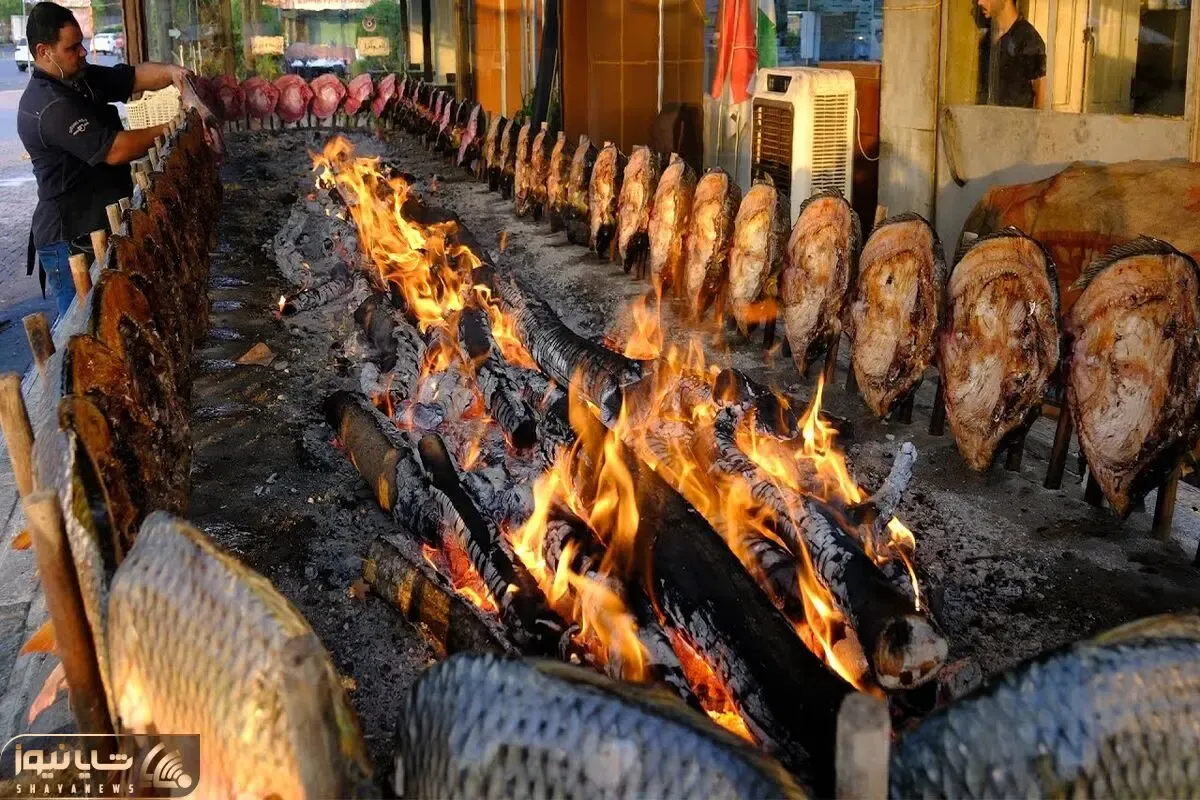 غذای خیابانی؛ ببینید این عراقی ها چجوری تو پیاده رو ماهی رو کباب می کنن اونم رو آتیش