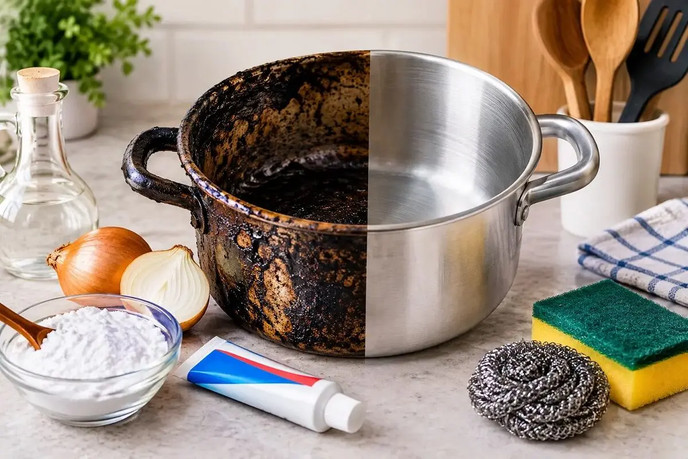 ترفند خانگی برای تمیز کردن قابلمه‌های سوخته و سیاه‌شده+ راهکار تمیز ماندن قابلمه‌ها